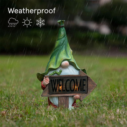 Garden Gnome Statue - 13.2'' Resin Gnome Figurine Holding Welcome Sign with Solar LED Lights, Outdoor Decorations for Patio Yard Lawn Porch, Garden Gifts for Mom, Ornament