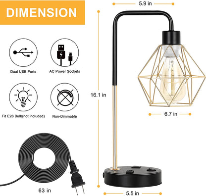 Industrial USB Desk Lamp, Edison Desk Lamp Gold Metal Cage Table Lamp with 2 USB Ports and 1 AC Outlet Vintage Bedside Nightstand Lamp for Bedroom, Living Room, Office (Gold)