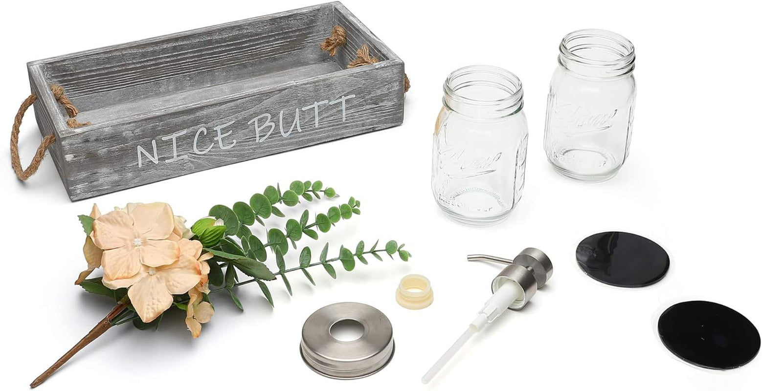 Wood Toilet Paper Holder, Farmhouse Nice Butt Bathroom Decor Box with 16Oz Mason Jar Soap Dispenser&Rose Flower,Funny Home Decor Crate for Bathroom,Kitchen,Table Counter, Medium Grey