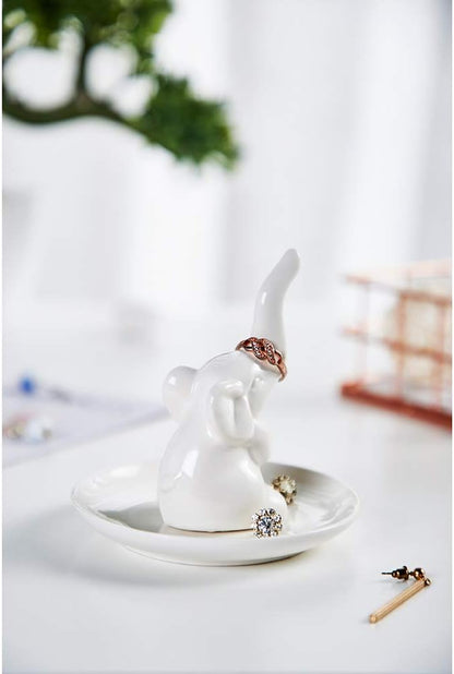 Elephant Ring Dish Holder for Jewelry,Elephant Gifts for Women Chritsmas,Engagement Wedding Trinket Trays,Ceramic White