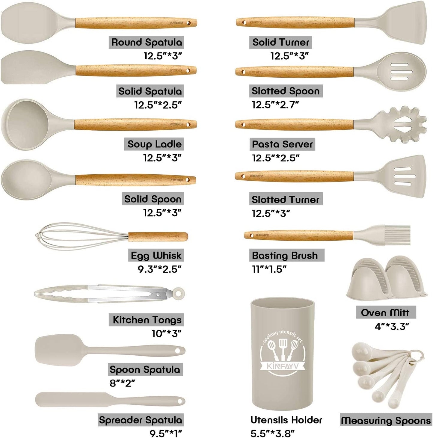 Silicone Cooking Utensils Kitchen Utensil Set, 21 PCS Wooden Handle Nontoxic BPA Free Silicone Spoon Spatula Turner Tongs Kitchen Gadgets Utensil Set for Nonstick Cookware with Holder (Khaki)