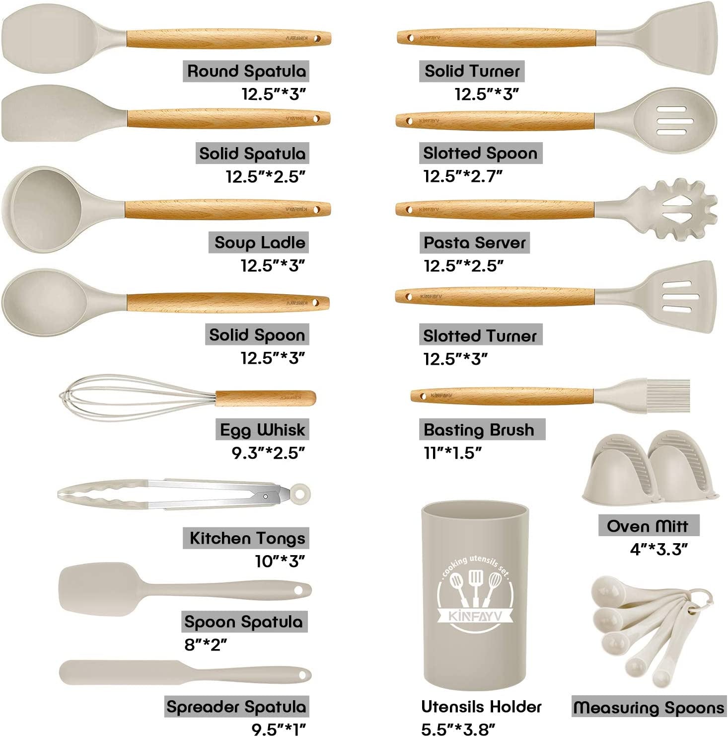 Silicone Cooking Utensils Kitchen Utensil Set, 21 PCS Wooden Handle Nontoxic BPA Free Silicone Spoon Spatula Turner Tongs Kitchen Gadgets Utensil Set for Nonstick Cookware with Holder (Khaki)