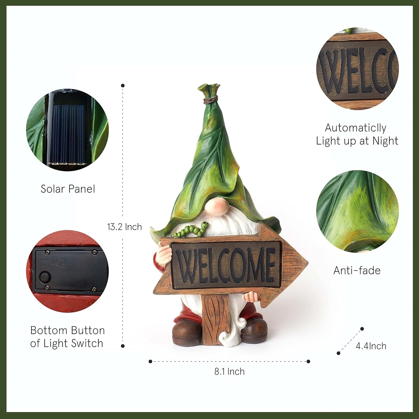 Garden Gnome Statue - 13.2'' Resin Gnome Figurine Holding Welcome Sign with Solar LED Lights, Outdoor Decorations for Patio Yard Lawn Porch, Garden Gifts for Mom, Ornament