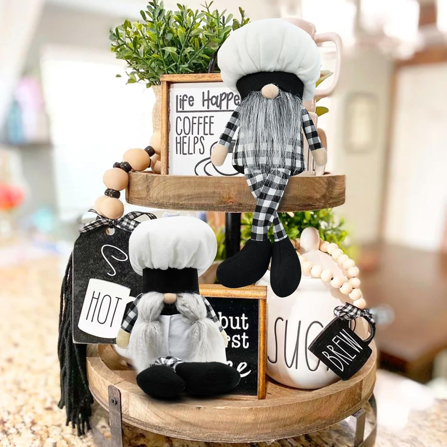 Buffalo Plaid Chef Gnome Plush Decorations for Home, 2PCS Mr. & Mrs. Kitchen Chef Cooking Plaid Gnomes Plush Collectible Figurine for Home Farmhouse Kitchen Tiered Tray Decor Gifts