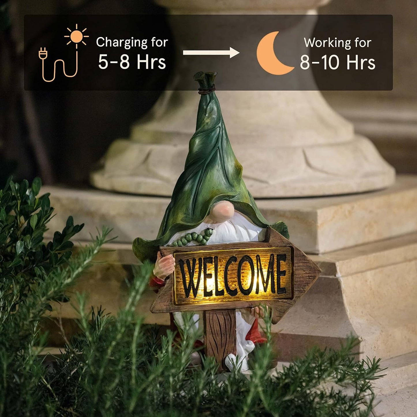 Garden Gnome Statue - 13.2'' Resin Gnome Figurine Holding Welcome Sign with Solar LED Lights, Outdoor Decorations for Patio Yard Lawn Porch, Garden Gifts for Mom, Ornament