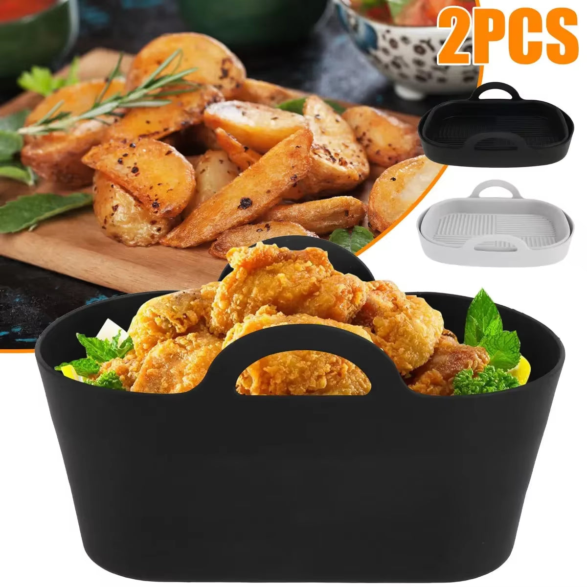 2Pcs Air Fryer Silicone Pot Reusable Air Fryer Liner Rectangle Air Fryer Basket No-Stick Air Fryer Pan Heat Resistant Air