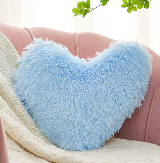 Christmas Decorations,Fluffy Heart Pillow Gift for Girls Kids, Shaggy Plush Faux Fur and Sherpa, Cute Soft Throw Cushion Gift for Thanks Giving ,Mothers Day,Valentines Day Decor,Heart Shaped (Blue)