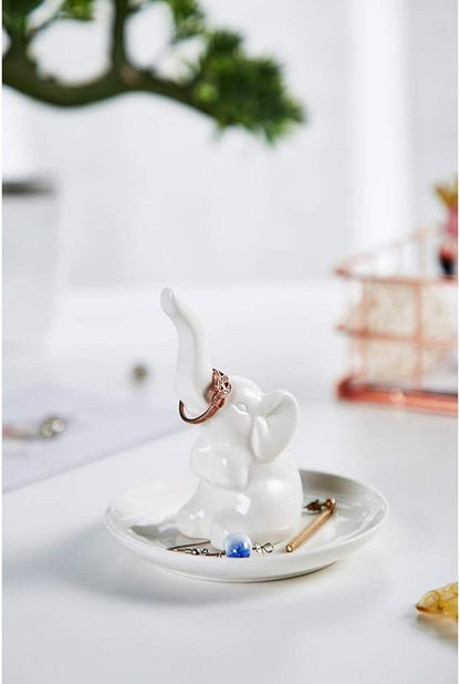 Elephant Ring Dish Holder for Jewelry,Elephant Gifts for Women Chritsmas,Engagement Wedding Trinket Trays,Ceramic White