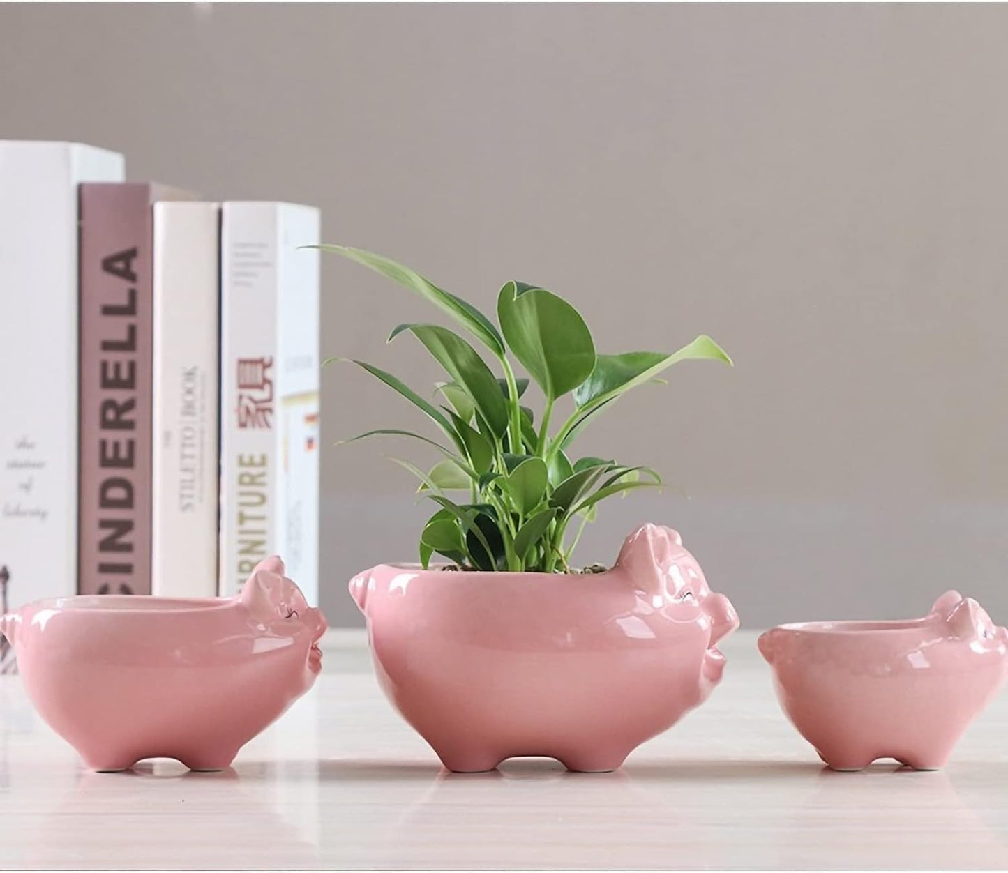 Succulent Pots, Cute Animal Pig Shaped Ceramic Cactus Flower Planters with Bamboo Tray -Plant Not Included (Pink, 3.93 Inches)