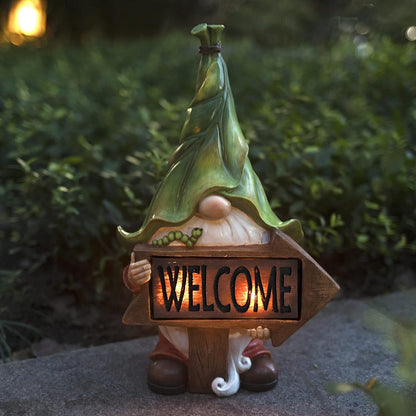 Garden Gnome Statue - 13.2'' Resin Gnome Figurine Holding Welcome Sign with Solar LED Lights, Outdoor Decorations for Patio Yard Lawn Porch, Garden Gifts for Mom, Ornament