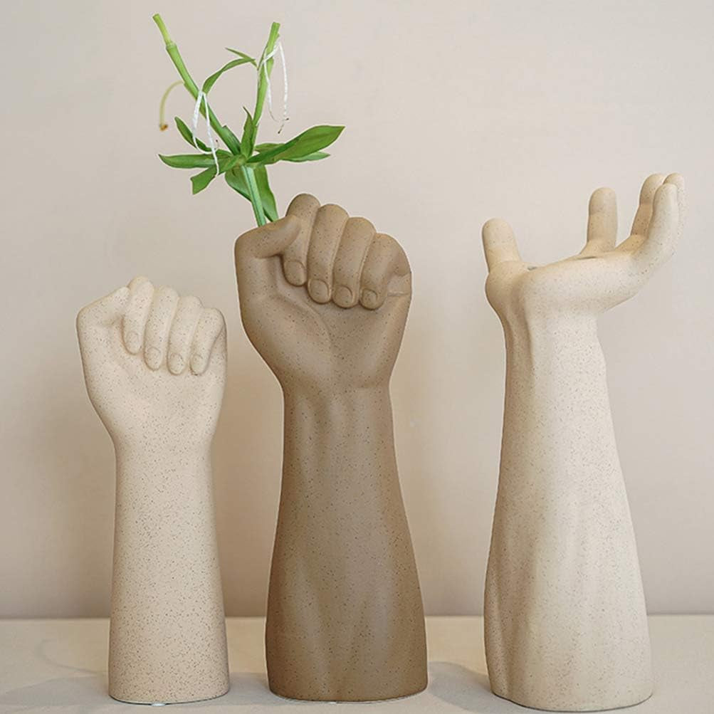 Ceramic Flower Planters Hand Shape Vase Garden Pots Containers Desktop Sculpture Decor for Home Office Beige