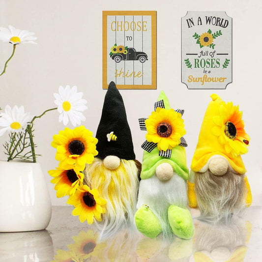 Summer Spring Sunflower Gnome Decoration for Home, Set of 3 Gnome Gifts for Women - 10" Sunflower Bee Kitchen Decor Gnome Plush, Mantel Tiered Tray Stand Party Office Bathroom Decorations