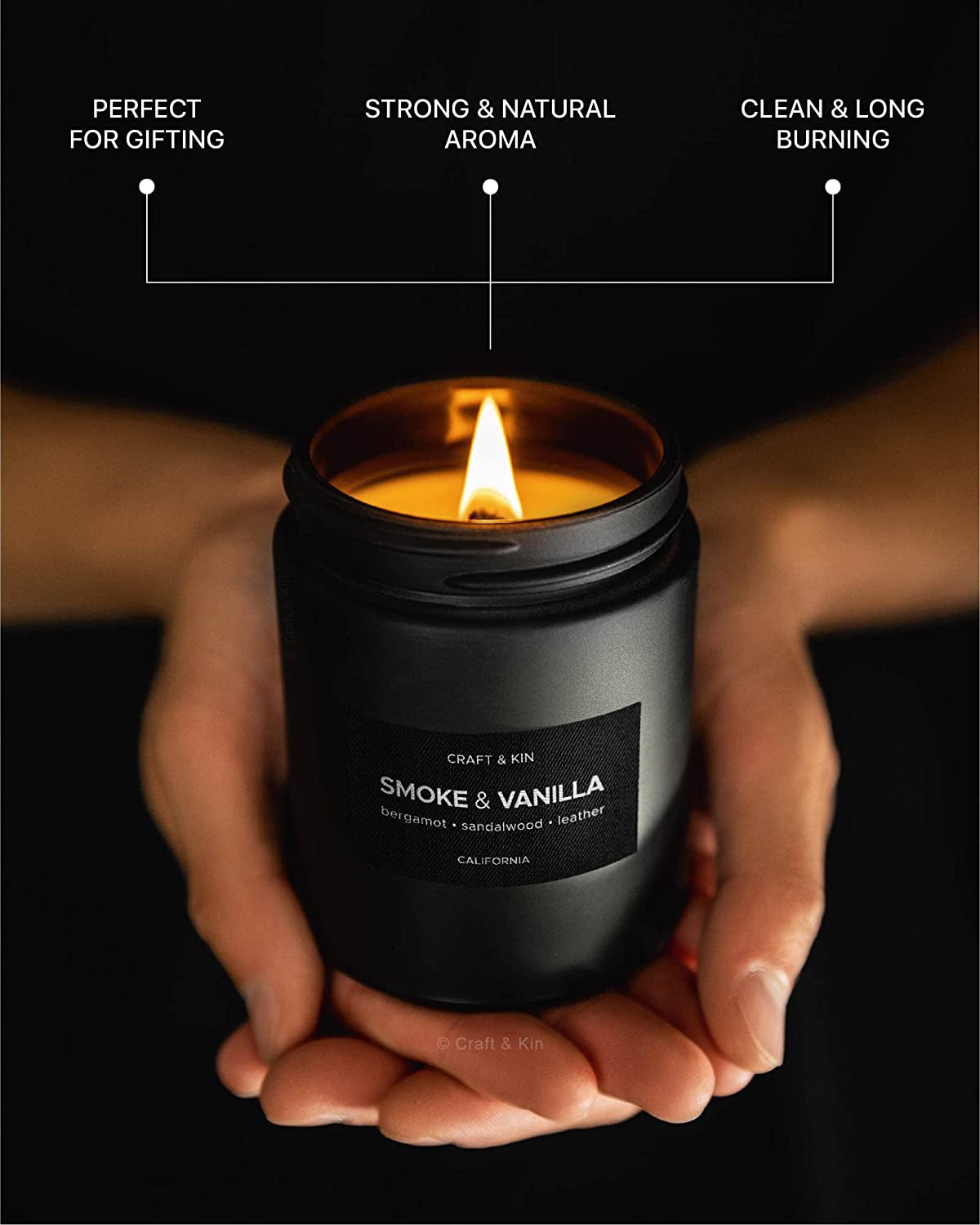 Premium Smoke & Vanilla Candle | Scented Candles for Men | Soy Candle | Fall Candles for Home Scented | Black Candles, Long Lasting Candles with 45 Hour Burn Time 7.6Oz