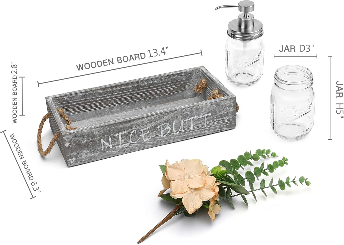 Wood Toilet Paper Holder, Farmhouse Nice Butt Bathroom Decor Box with 16Oz Mason Jar Soap Dispenser&Rose Flower,Funny Home Decor Crate for Bathroom,Kitchen,Table Counter, Medium Grey