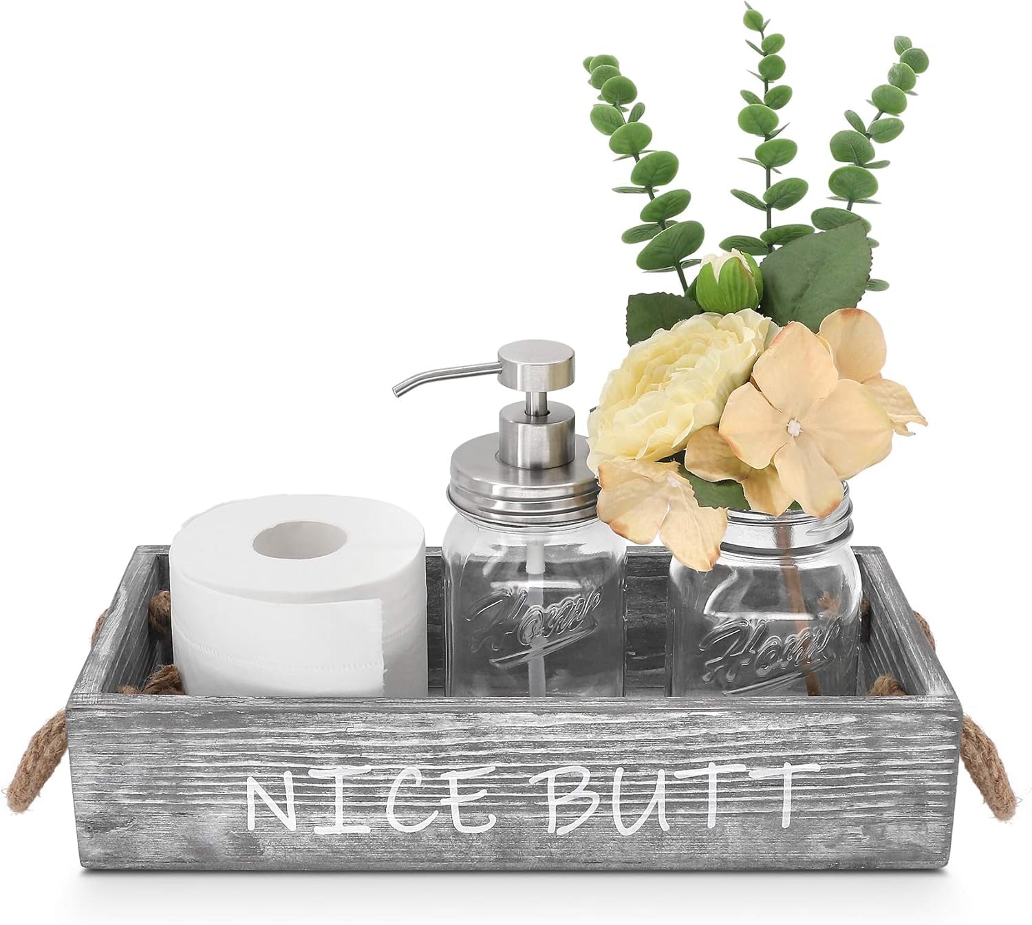 Wood Toilet Paper Holder, Farmhouse Nice Butt Bathroom Decor Box with 16Oz Mason Jar Soap Dispenser&Rose Flower,Funny Home Decor Crate for Bathroom,Kitchen,Table Counter, Medium Grey