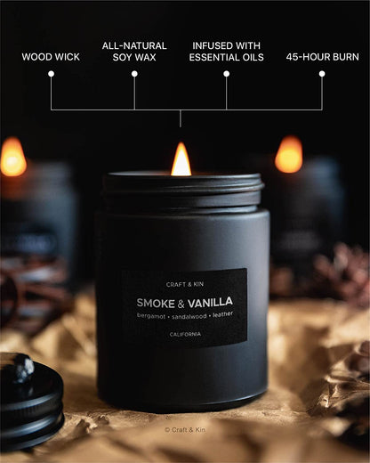 Premium Smoke & Vanilla Candle | Scented Candles for Men | Soy Candle | Fall Candles for Home Scented | Black Candles, Long Lasting Candles with 45 Hour Burn Time 7.6Oz