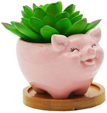 Succulent Pots, Cute Animal Pig Shaped Ceramic Cactus Flower Planters with Bamboo Tray -Plant Not Included (Pink, 3.93 Inches)